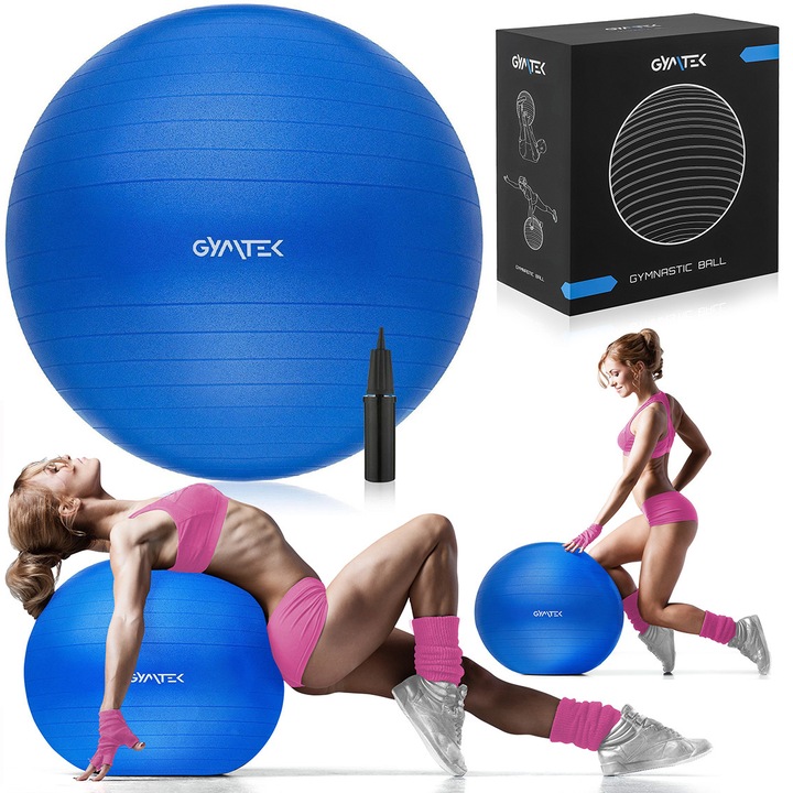 Minge fitness 65cm, Gymtek, Anti-burst, 150kg, cu pompa, albastra