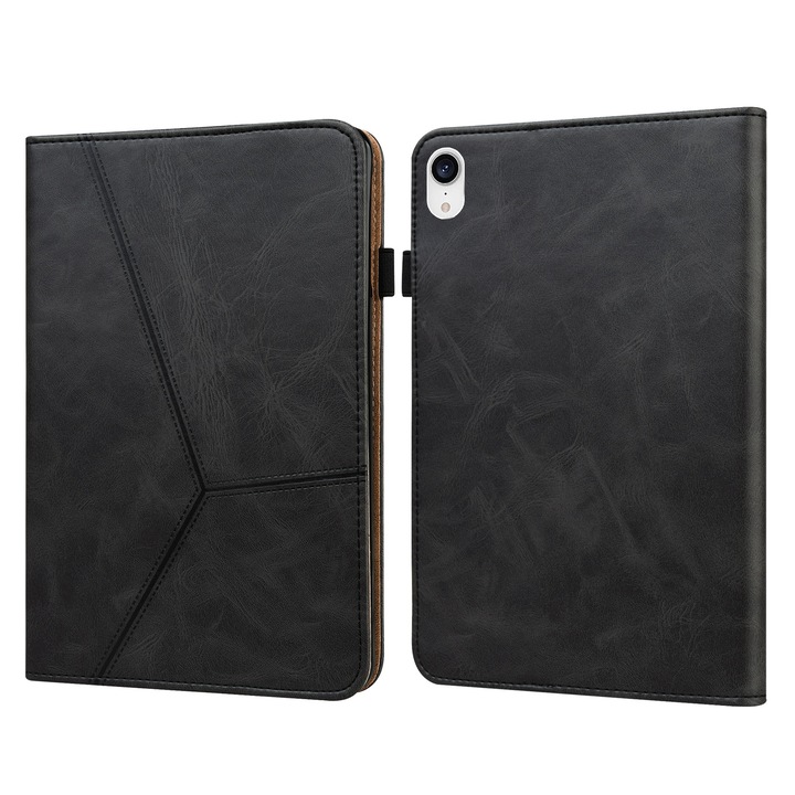 Husa tableta compatibila cu iPad Mini 6, piele gravata cu dungi, culoare neagra