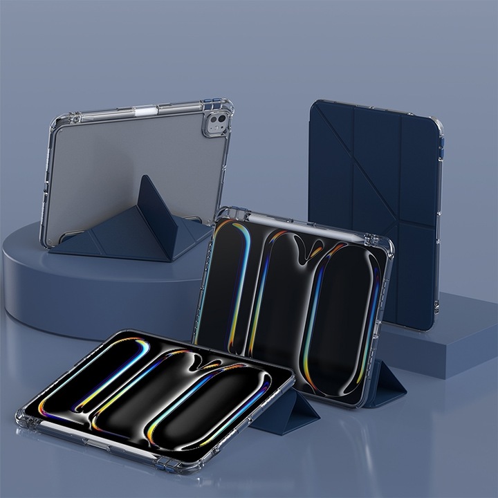 Husa tableta compatibila cu iPad Pro 13, Deformare in forma de Y, Piele sintetica, Albastru inchis