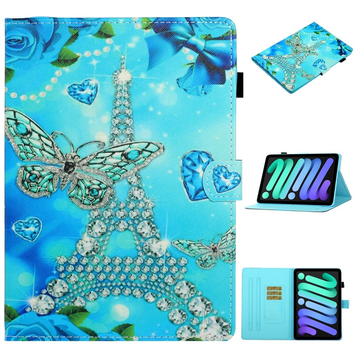 Husa tableta compatibila cu iPad Mini 6, Desen colorat, Suport, Slot card, Functie Sleep/Wake, Butterfly Tower)
