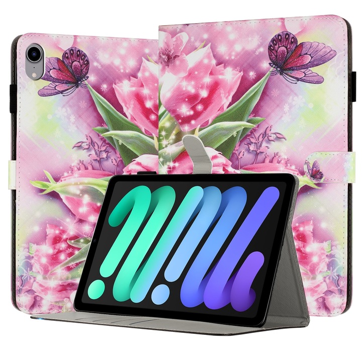 Husa tableta compatibila cu iPad Mini 6, Piele pictata, Auto Sleep/Wake, Roz