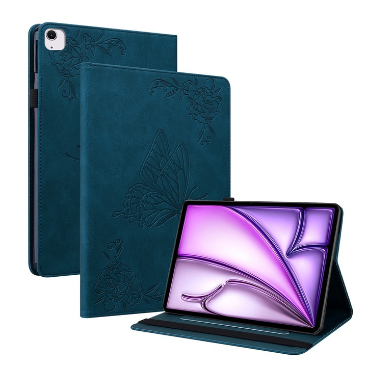 Husa tableta compatibila cu iPad Air 11, Design floricele fluture, Piele imprimata, Albastru