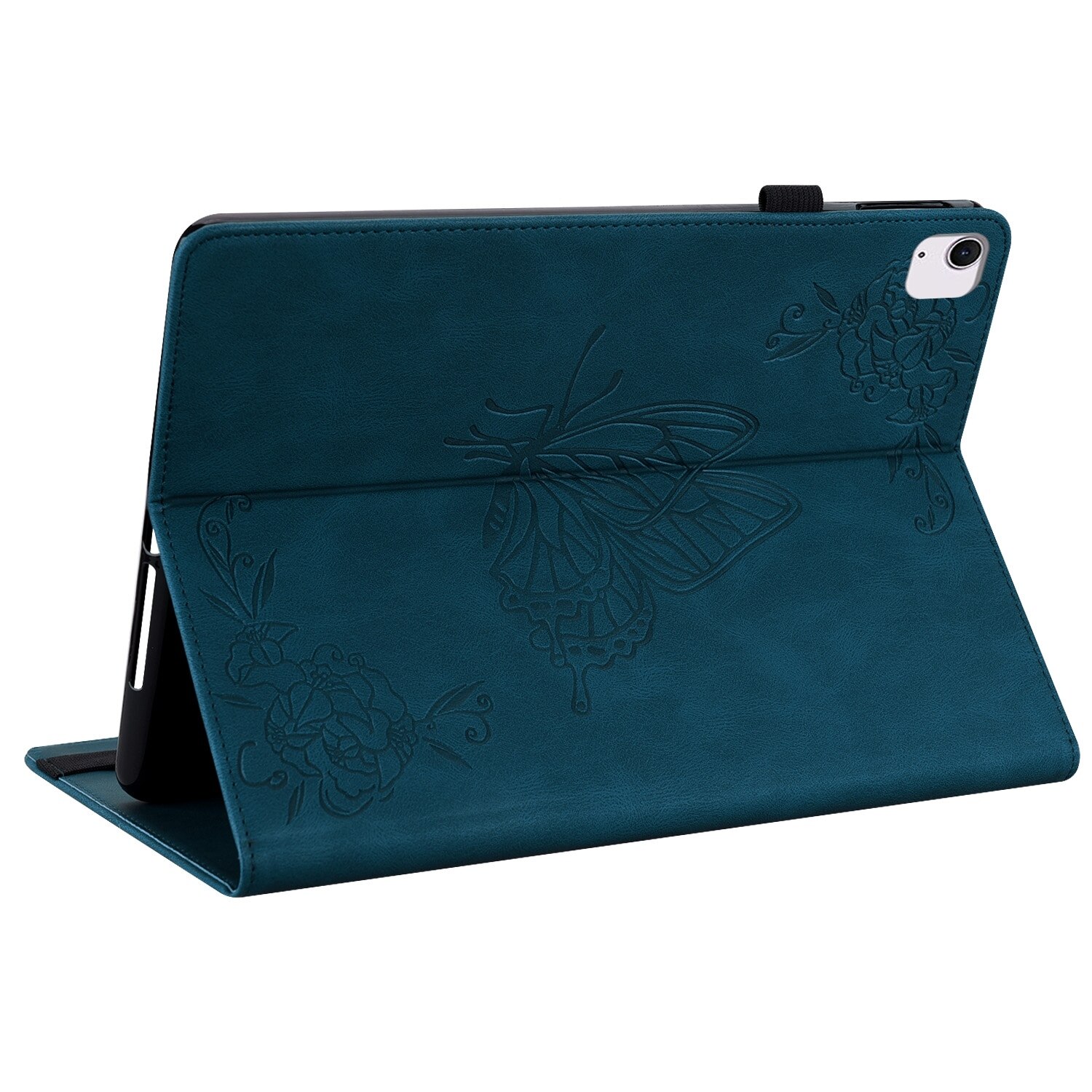 Husa tableta compatibila cu iPad Air 11, Design floricele fluture, Piele imprimata, Albastru