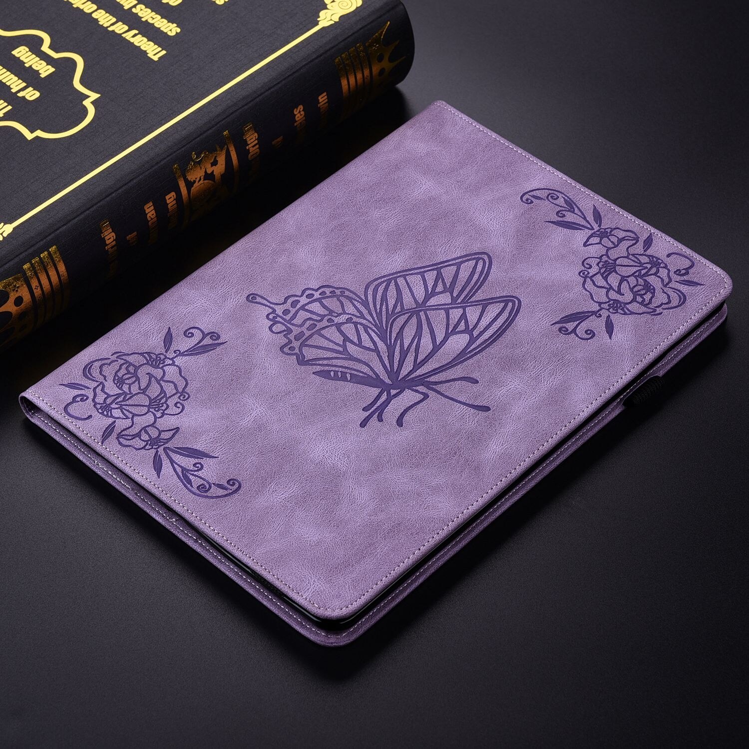 Husa tableta compatibila cu iPad Air 11, Model cu flori gravate, Piele, Violet
