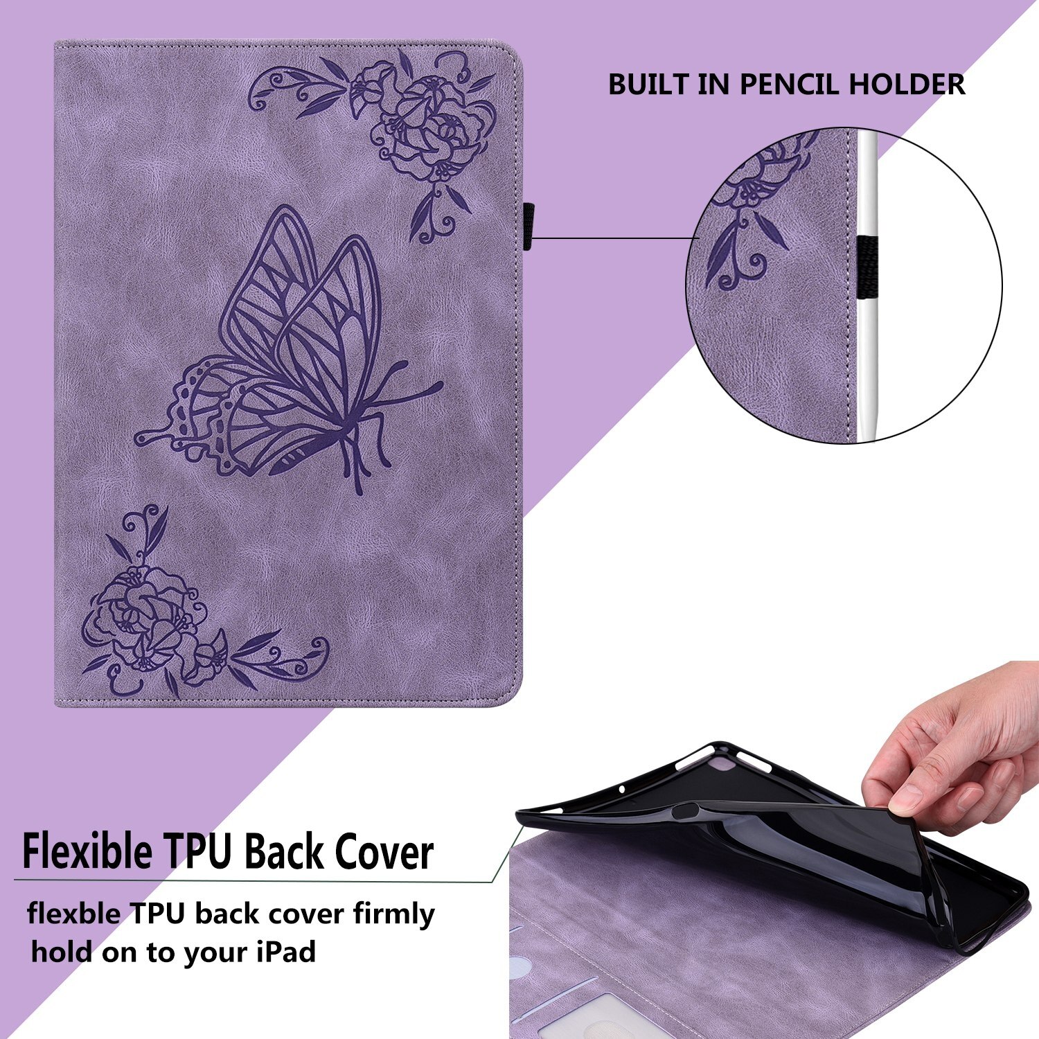Husa tableta compatibila cu iPad Air 11, Model cu flori gravate, Piele, Violet