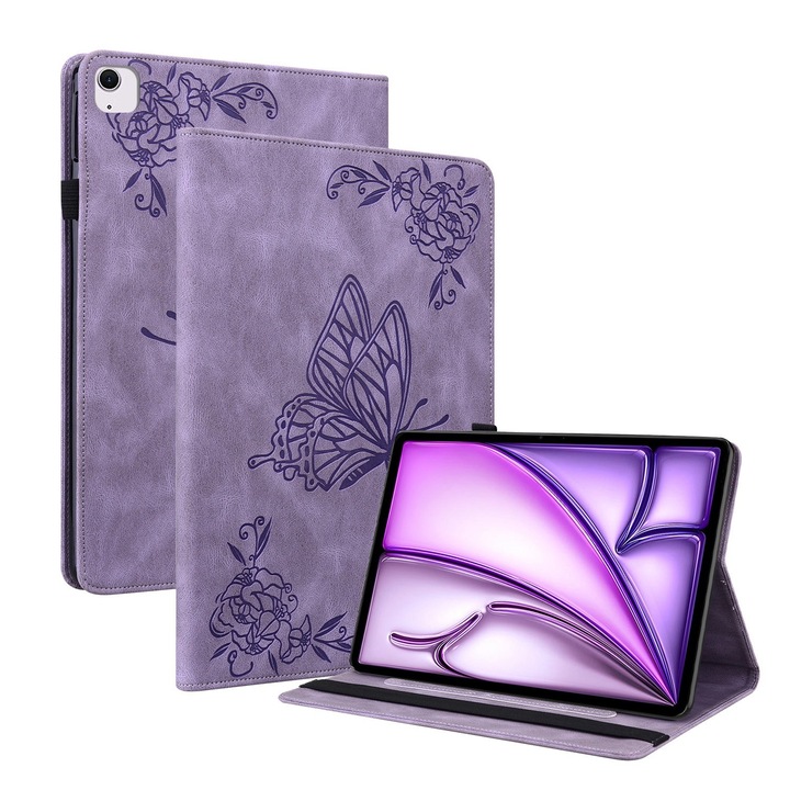 Husa tableta compatibila cu iPad Air 11, Model cu flori gravate, Piele, Violet