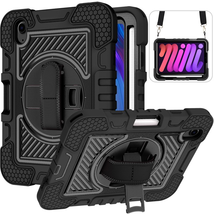 Husa tableta compatibila cu iPad Mini 6, Rotatie 360°, Shockproof, Suport reglabil, Curea de mana, Negru
