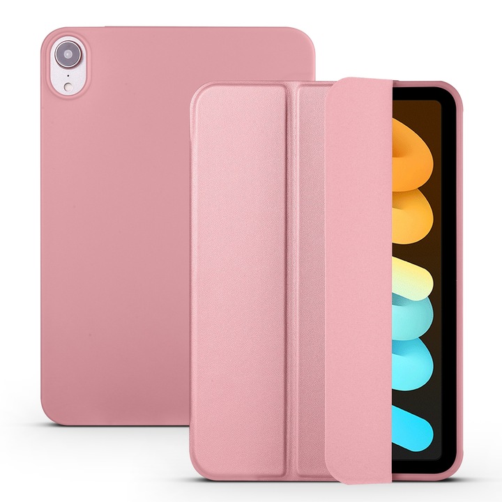 Husa tableta compatibila cu iPad Mini 6, Port carduri, Suport 3 plieri, Rose Gold