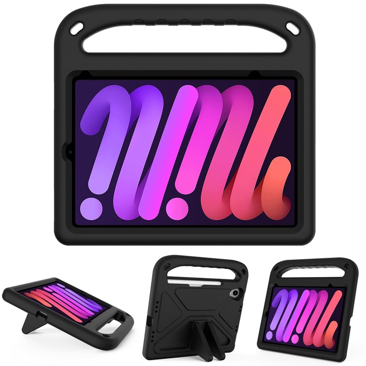 Husa tableta compatibila cu iPad Mini 6, Shockproof, Suport triunghiular, Negru