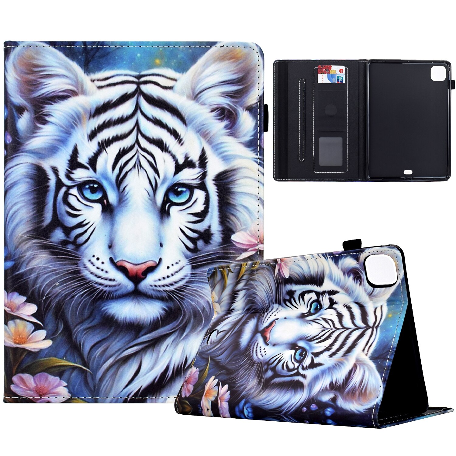 Husa tableta compatibila cu iPad Pro 11, Model Pictat, Piele, Motiv Tigru Alb