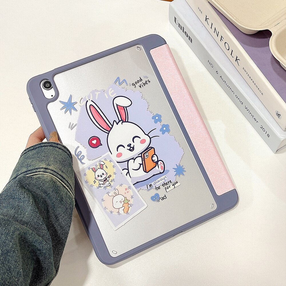 Husa tableta compatibila cu iPad Air 11 / iPad Pro 11, Suport reglabil, Pictata acrilic, Model iepurasi