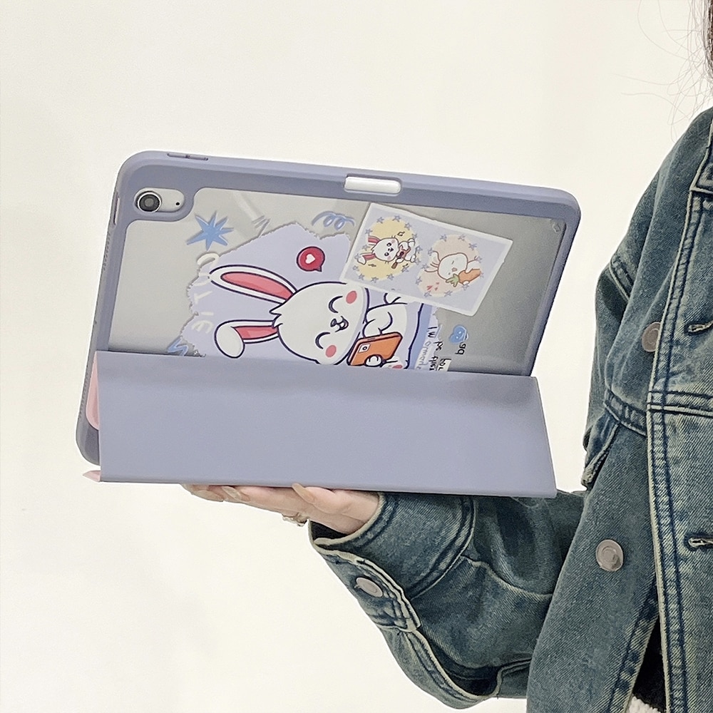 Husa tableta compatibila cu iPad Air 11 / iPad Pro 11, Suport reglabil, Pictata acrilic, Model iepurasi
