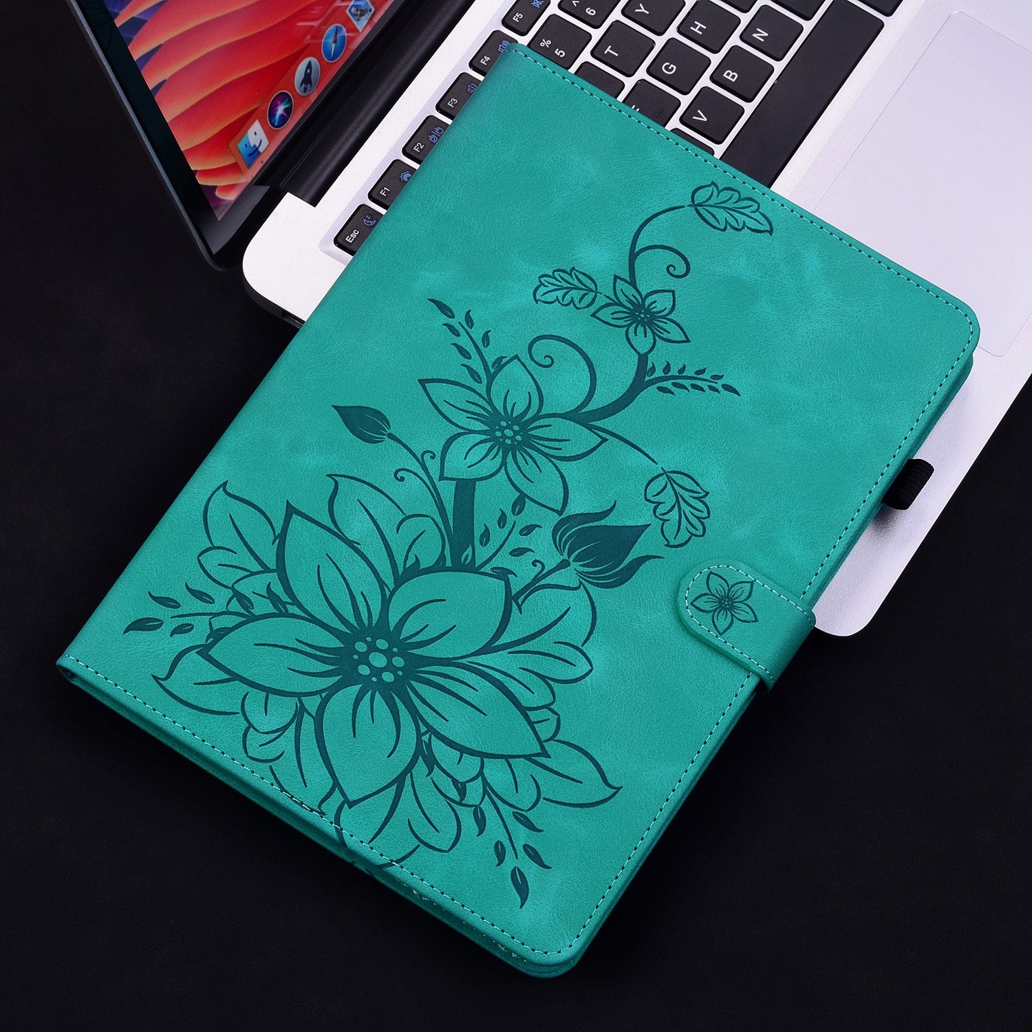 Husa tableta compatibila cu Samsung Galaxy Tab S9 / S9 FE, piele gravata cu linii de crini, verde