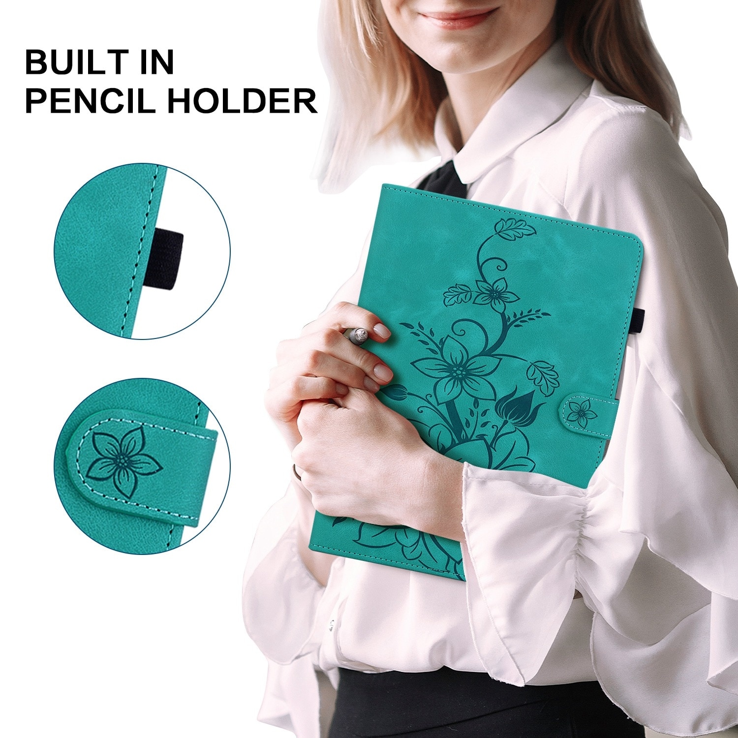 Husa tableta compatibila cu Samsung Galaxy Tab S9 / S9 FE, piele gravata cu linii de crini, verde