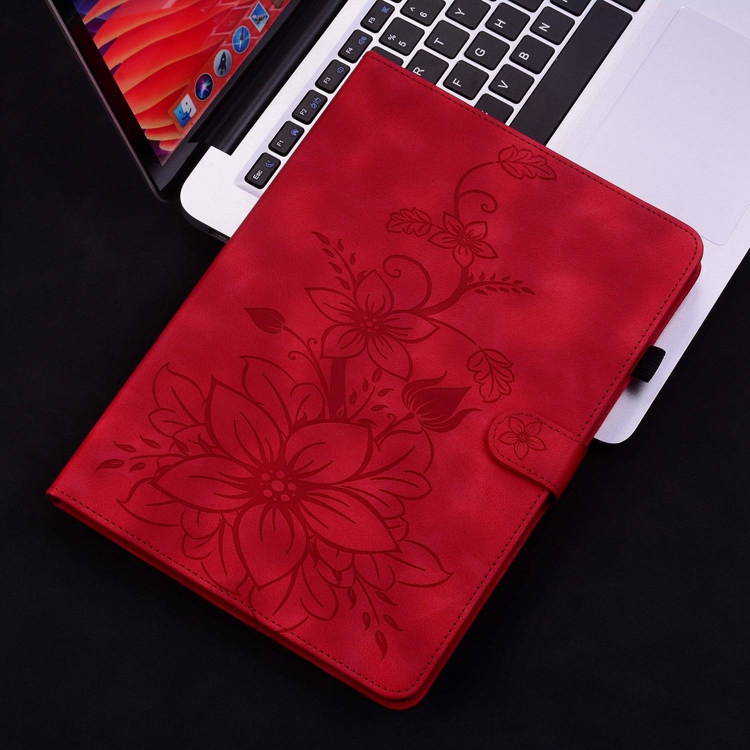 Husa tableta compatibila cu Samsung Galaxy Tab A9+, din piele cu model floral gravat, rosu