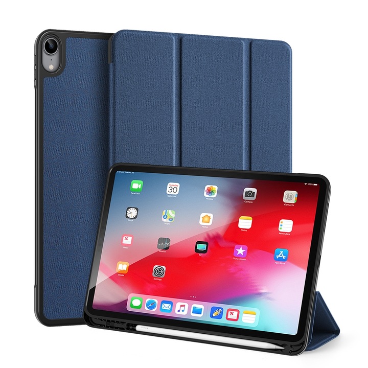 Husa tableta compatibila cu iPad Air 11, Inchidere magnetica, Suport cu trei plieri, Slot stilou, Albastru