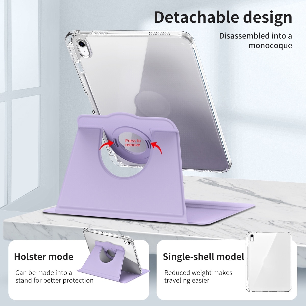 Husa tableta compatibila cu iPad Air 11 2024, 360 rotatie, Detasabila, Transparenta, Piele, Mov deschis)