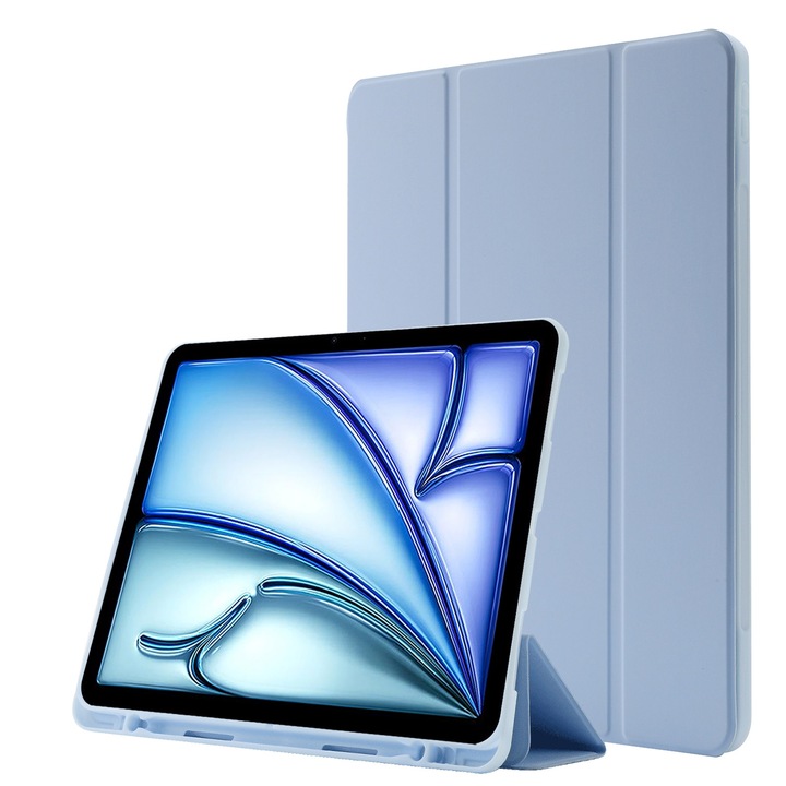 Husa tableta compatibila cu iPad Air 11, Piele cu aspect texturat, Tri-fold, Slot pentru pix, Albastru deschis)