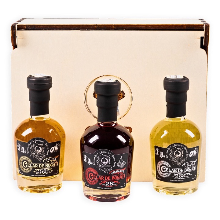 Cadou Artizanal Romanesc 3 Sticlute de 100ml cu Tuica 32%, 50% alc. si Visinata, CELAR