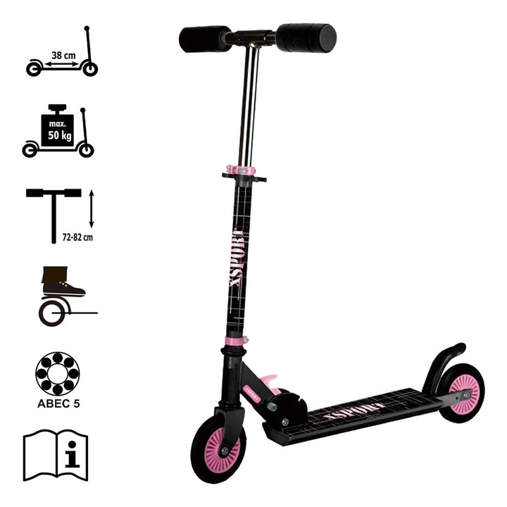 Fekete rózsaszín alumínium roller, modern dizájn, tartós kerekek, könnyen használható, felnőtteknek és gyerekeknek ajánlott