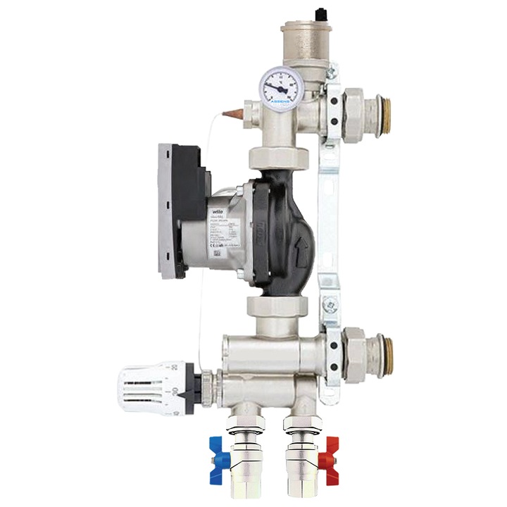 Grup de amestec MGD pentru incalzire in pardoseala, cap termostatic cu capilar, cu pompa Willo, 25/6/130, si robineti 1" cu semiolandez inclus