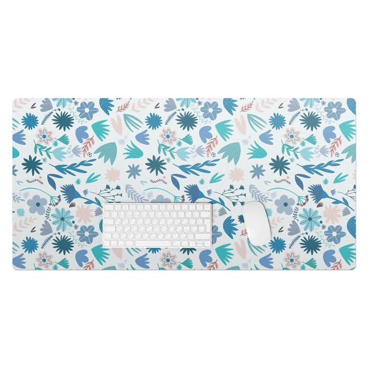 Irodai asztal alátét, Wallfluent, Retro virágmintás, Kék, 100x50 cm, 010250300020100057251