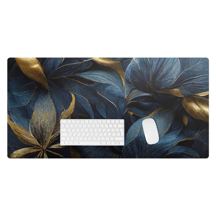 Íróasztal könyökalátét, Wallfluent, Levelek eleganciával, Tengerészkék, 100x50 cm, 010250300020100088332