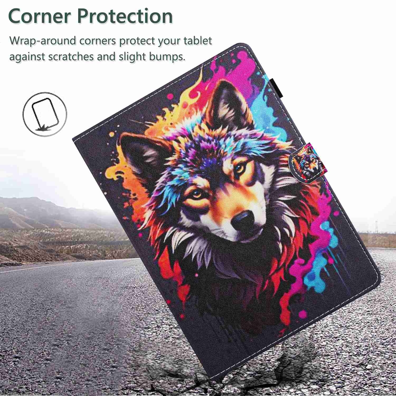 Husa tableta pentru Huawei MatePad T10s / T10, piele cu model pictat si cusaturi, capac magnet, protectie completa, compatibila cu Huawei MatePad T10s / T10, model „lup colorat”