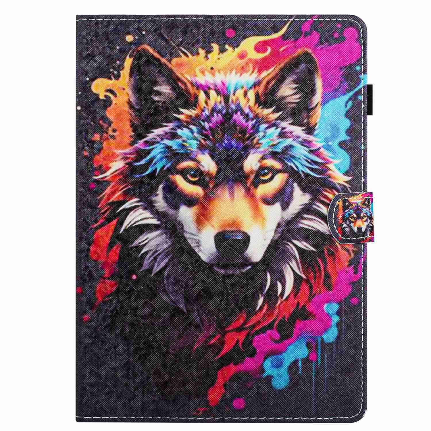 Husa tableta pentru Huawei MatePad T10s / T10, piele cu model pictat si cusaturi, capac magnet, protectie completa, compatibila cu Huawei MatePad T10s / T10, model „lup colorat”