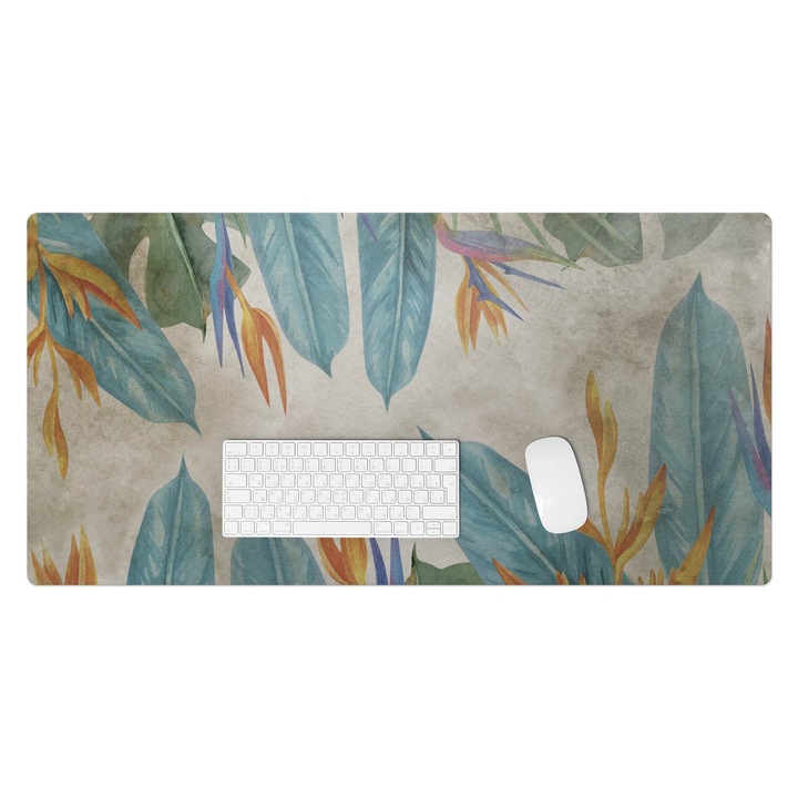 Mapa de birou, Wallfluent, Frunze si flori exotice, Albastru, 100x50 cm, 010250300020100282784