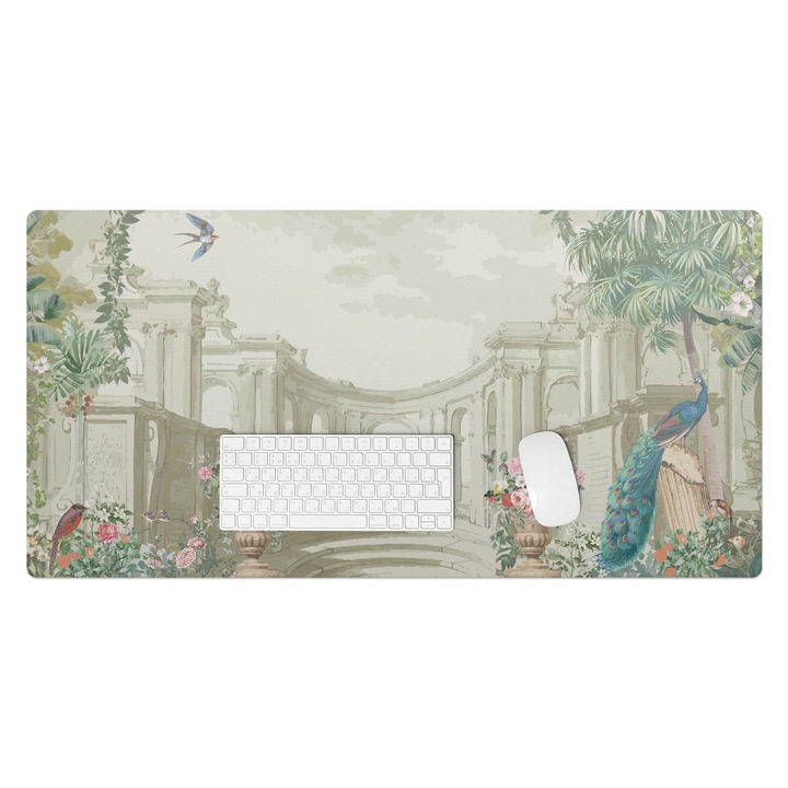 Mapa birou, Wallfluent, Gradina palatului cu pasari, Verde, 100x50 cm, 010250300020100282746