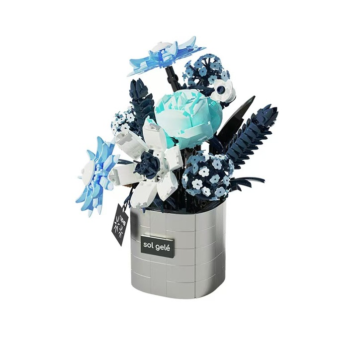 Конструктор, Син букет цветя със саксия, 591 части, Размери 39x32x37 см, Многоцветен