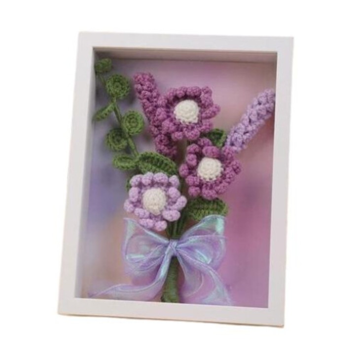 Комплект за плетене на една кука, Purple chamomile with photo frame, DIY, Includes instructions, Home decor, Creative relaxation and mindfulness, Improves hand-eye coordination and motor skills, Purple