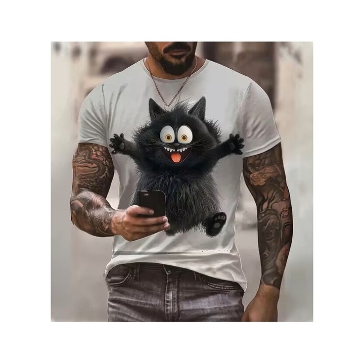 Boldog fekete macska póló, Funny Cat, fehér, L