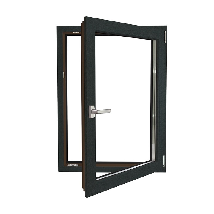 Fereastra PVC Aluplast cu geam tripan, Barrier 85, antracit, 860x1160 mm, 1 canat, sticla 44 mm 4SEvo4 + Float4 + LowE4, oscilobatant dreapta, 7 camere, 3 garnituri