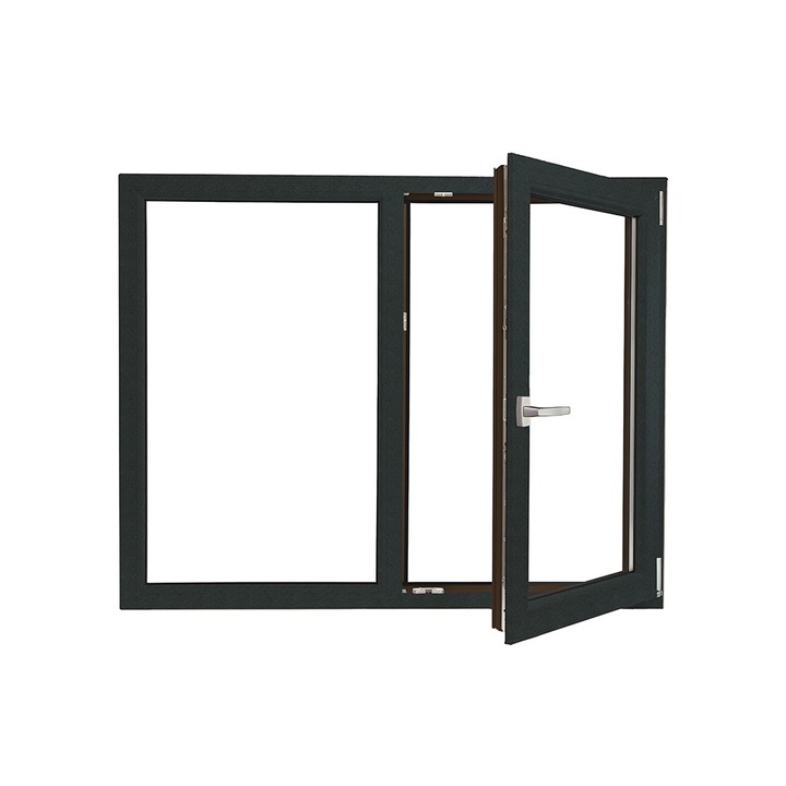 Fereastra PVC Rehau, cu geam termopan, Barrier 70 antracit, 1460x1160 mm, 2 canate, protectie solara, oscilobatanta, bagheta Warm Edge, 5 camere, 2 garnituri