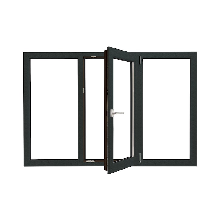 Fereastra PVC Rehau, cu geam termopan, Barrier 70 antracit, 1760x1160 mm, 3 canate, protectie solara, oscilobatanta, bagheta Warm Edge, 5 camere, 2 garnituri