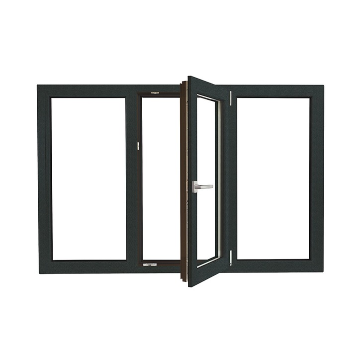 Fereastra PVC Rehau cu geam tripan, Barrier 80 antracit, 1760x1160 mm, profil 80 mm, 3 canate, sticla 42 mm LowE +Float+SEvo, oscilobatant, dreapta, 7 camere, 3 garnituri