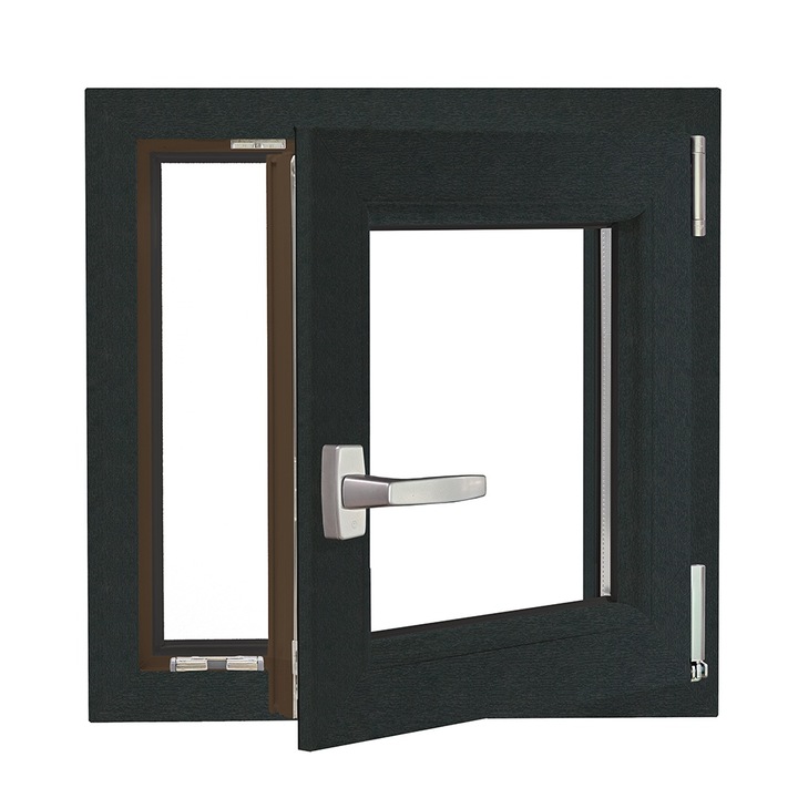 Fereastra PVC Aluplast cu geam termopan, Barrier 75, antracit, 560x560 mm, profil 70 mm, protectie solara, oscilobatanta, bagheta Warm Edge, 5 camere, 2 garnituri