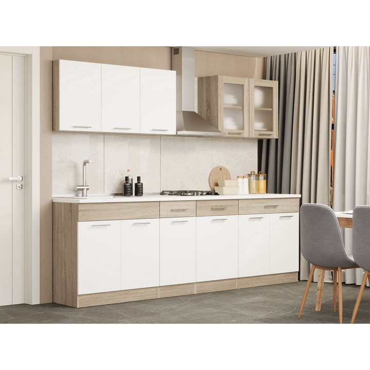 Set mobilier bucatarie ECO № 10, 11 usi, 3 sertar, Everest Mebel, 250х198х60 cm, Sonoma/Alb