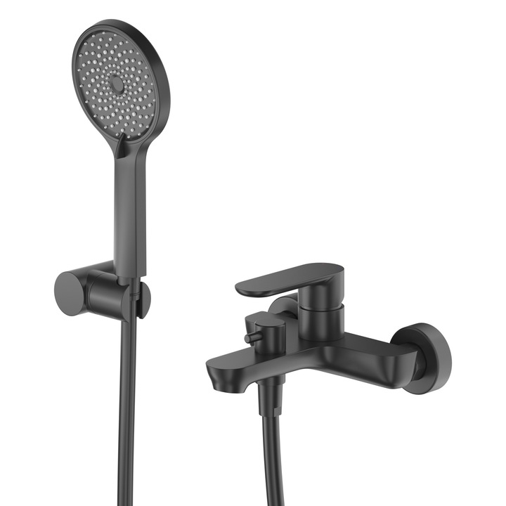 Set Baterie Dus/Cada OLIM Rubinetteria, Seria Nova, Material INOX 304, Furtun flexibil 150cm, Para Dus, Culoare Negru Mat