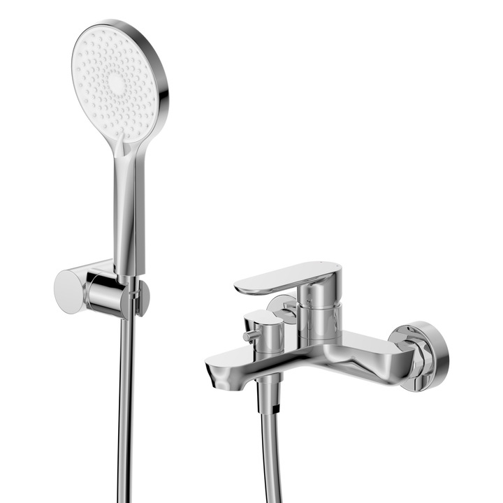 Set Baterie Dus/Cada OLIM Rubinetteria, Seria Nova, Material INOX 304, Furtun flexibil 150cm, Para Dus, Culoare Crom