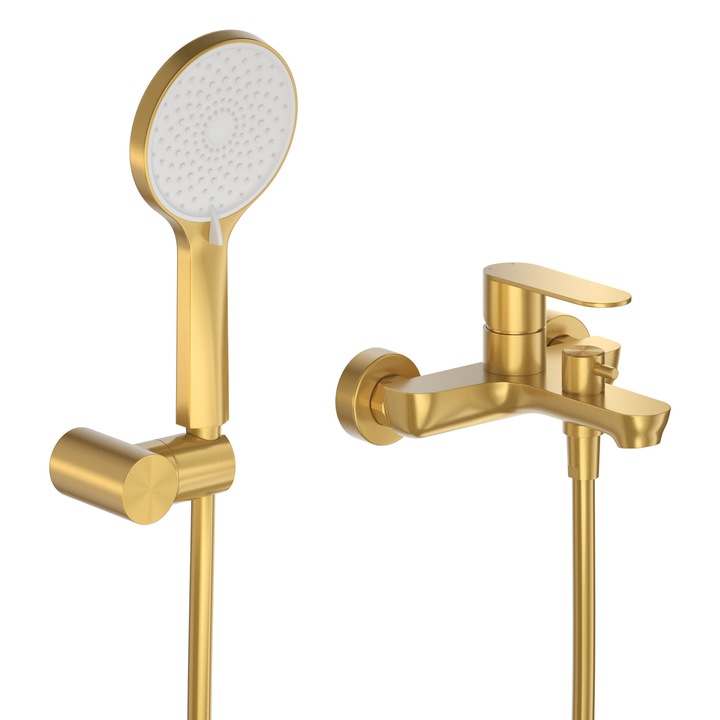 Set Baterie Dus/Cada OLIM Rubinetteria, Seria Nova, Material INOX 304, Furtun flexibil 150cm, Para Dus, Culoare Aur Satinat