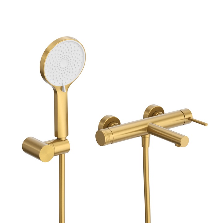 Set Baterie Dus/Cada OLIM Rubinetteria, Seria Relax, Material INOX 304, Furtun flexibil 150cm, Para Dus, Culoare Aur Satinat