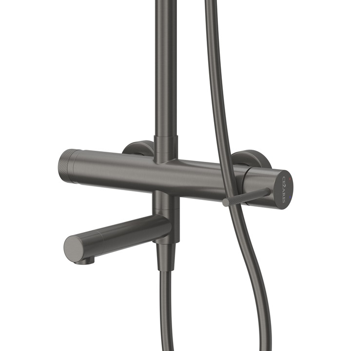 OLIM Rubinetteria zuhanyoszlop szett, Relax sorozat, anyaga ROZSDAMENTES ACÉL 304, Rugalmas kézizuhany 150 cm, Zuhanyfej, metálszürke szín