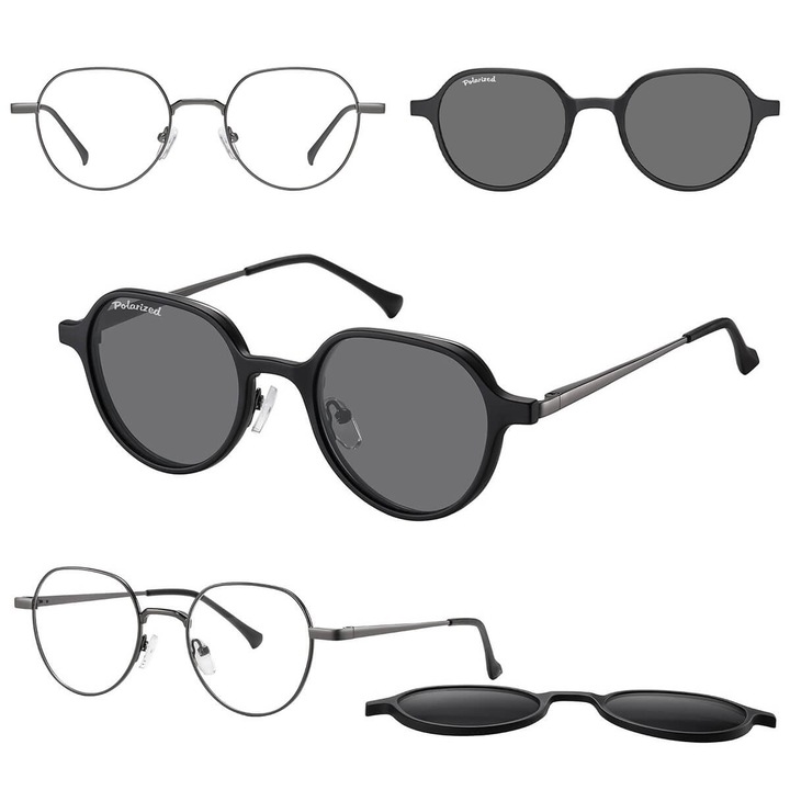 Ochelari unisex cu optiune de corectie si clip-on polarizant, grafit, set complet