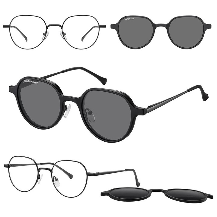 Ochelari unisex cu corectie, Sunoptic, clip-on polarizant, negru