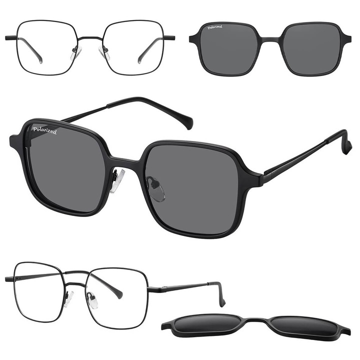Ochelari unisex, Sunoptic, cu clip-on polarizator, negru