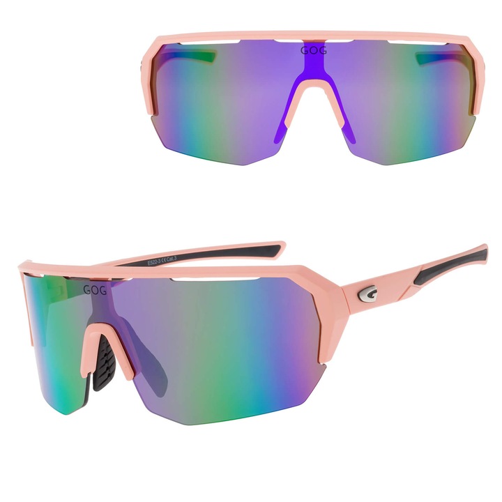 Ochelari de Soare Sport GOG BRAGI, Unisex, Protectie UV400 Categorie 3, Lentile Violet Oglinda, Rama Roz Pudrat Mat, Ideali pentru Ciclism Alergare Drumetii si Sport in Aer Liber, Inclus Saculet si Cutie
