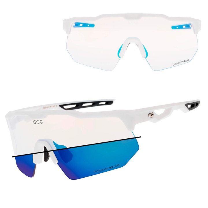 Ochelari sportivi fotochromici GOG LOKI, alb mat, lentile albastre cu oglinda, set cu etui si stergator